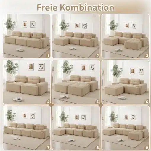 Kaasaegne ja praktiline nurgadiivan moodulitest | E-pood Tootemaailm Beige modulaarne nurgadiivan elutoas erinevates konfiguratsioonides, millel on pehmed padjad ja neutraalsed seinad, modernse sisustusega helge toas atmosfäär.