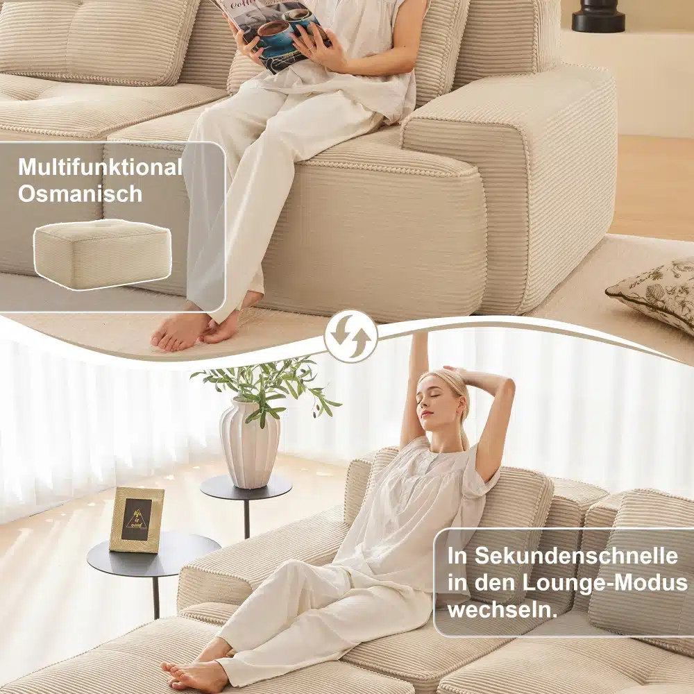 Kaasaegne ja praktiline nurgadiivan moodulitest, helepruunis kangas, modulaarne disain. Naine istub mugavalt diivanil, taustal hele elutuba rohke loomuliku valgusega.