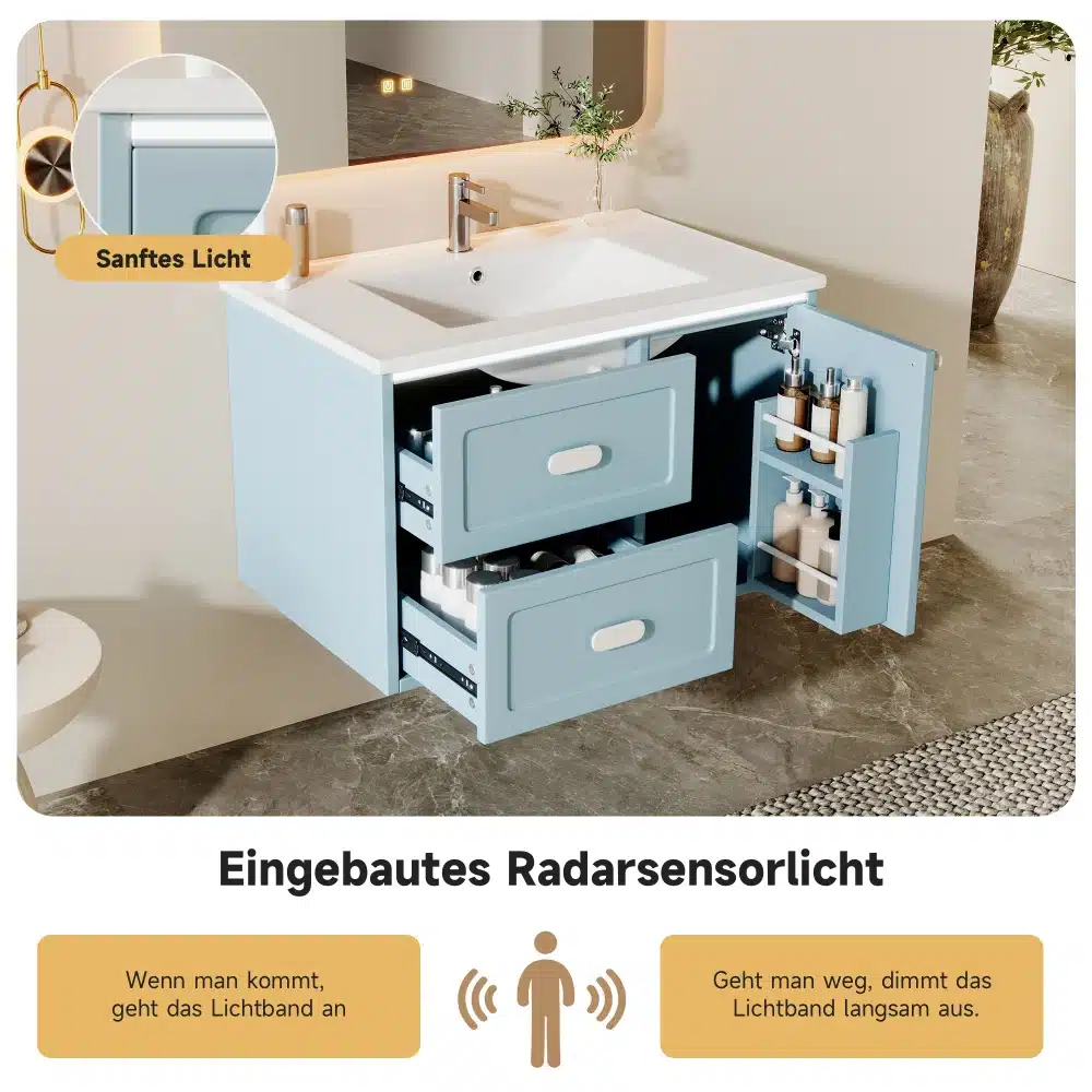 Elegantne vannitoakapp radaranduriga LED valgustuse ja keraamilise valamuga, hele sinine kapp koos avatud uste ja sahtlitega, paigutatud modernsesse vannituppa.