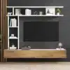 Tv-alus seinariiulitega modernses stiilis 180x35x22,5 cm | E-pood Tootemaailm Moodsa disainiga Tv-alus seinariiulitega, mõõtmetega 180x35x22,5 cm, millel on hele puit ja valge viimistlus, paigaldatud tumedale seinale, ümbritsetud dekoratiivsete elementidega.