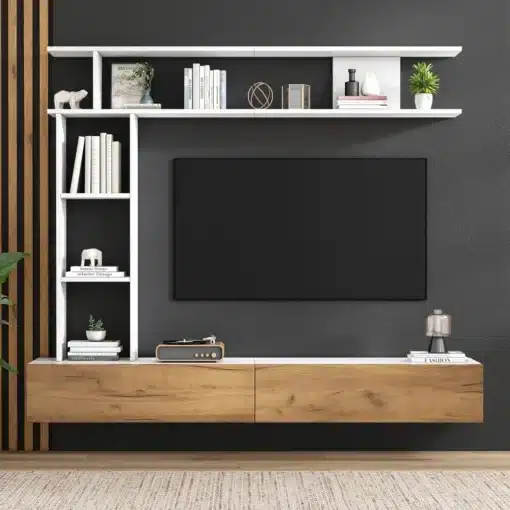 Tv-alus seinariiulitega modernses stiilis 180x35x22,5 cm | E-pood Tootemaailm Moodsa disainiga Tv-alus seinariiulitega, mõõtmetega 180x35x22,5 cm, millel on hele puit ja valge viimistlus, paigaldatud tumedale seinale, ümbritsetud dekoratiivsete elementidega.