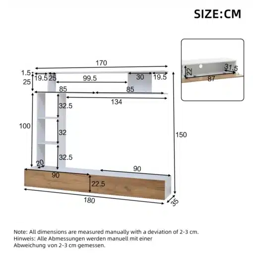 Tv-alus seinariiulitega modernses stiilis 180x35x22,5 cm | E-pood Tootemaailm Diagramm, mis kujutab Tv-alust seinariiulitega modernses stiilis suuruses 180x35x22,5 cm. Valge ja pähklitooni mööbliese on mõõtmetega 180 cm lai, 35 cm sügav ja 22,5 cm kõrge, sisaldades horisontaalset riiulit ja riiulitega küljeosa.