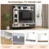 Tv-alus seinariiulitega modernses stiilis 180x35x22,5 cm | E-pood Tootemaailm Valge ja puidust Tv-alus seinariiulitega modernses stiilis mõõtudega 180x35x22,5 cm, sisekujundus skandinaavia stiilis elutoas, avatud riiulid ja mahukad kapid pakuvad piisavalt ruumi erinevatele esemeitele, musta tausta ja hele diivaniga kaasaegne interjöör.