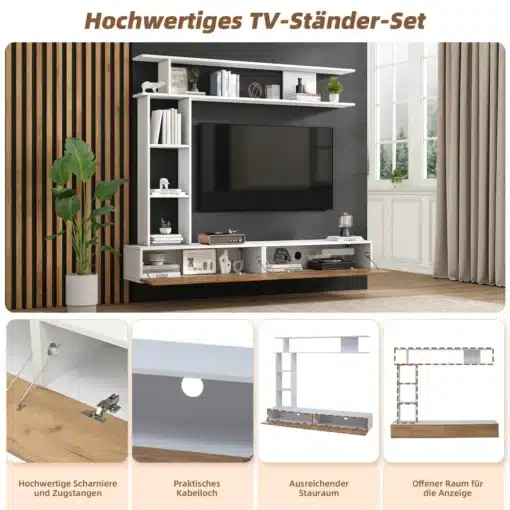 Tv-alus seinariiulitega modernses stiilis 180x35x22,5 cm | E-pood Tootemaailm Valge ja puidust Tv-alus seinariiulitega modernses stiilis mõõtudega 180x35x22,5 cm, sisekujundus skandinaavia stiilis elutoas, avatud riiulid ja mahukad kapid pakuvad piisavalt ruumi erinevatele esemeitele, musta tausta ja hele diivaniga kaasaegne interjöör.