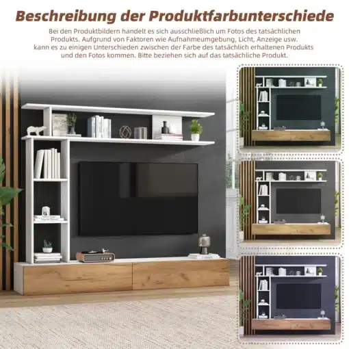 Tv-alus seinariiulitega modernses stiilis 180x35x22,5 cm | E-pood Tootemaailm Tv-alus seinariiulitega modernses stiilis 180x35x22,5 cm. Mööbel on helepuidust ja valge, musta seina taustal. Teler on seinariiulite vahel, täiendatud dekoratiivsete raamatute ja taimede ning puidust detailidega.
