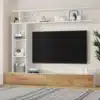 Tv-alus seinariiulitega modernses stiilis 180x35x22,5 cm | E-pood Tootemaailm Modernne Tv-alus seinariiulitega, mõõtmetega 180x35x22,5 cm, millel on puitimitatsioonist alumised kapid ja valged riiulid, taustal hele sein ja esiplaanil vaasitega kaunistatud riiulid.
