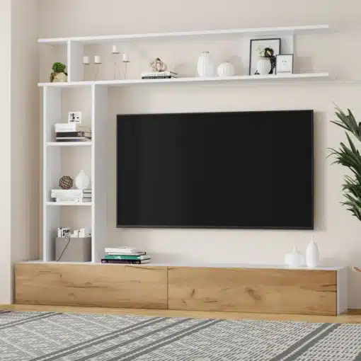 Tv-alus seinariiulitega modernses stiilis 180x35x22,5 cm | E-pood Tootemaailm Modernne Tv-alus seinariiulitega, mõõtmetega 180x35x22,5 cm, millel on puitimitatsioonist alumised kapid ja valged riiulid, taustal hele sein ja esiplaanil vaasitega kaunistatud riiulid.