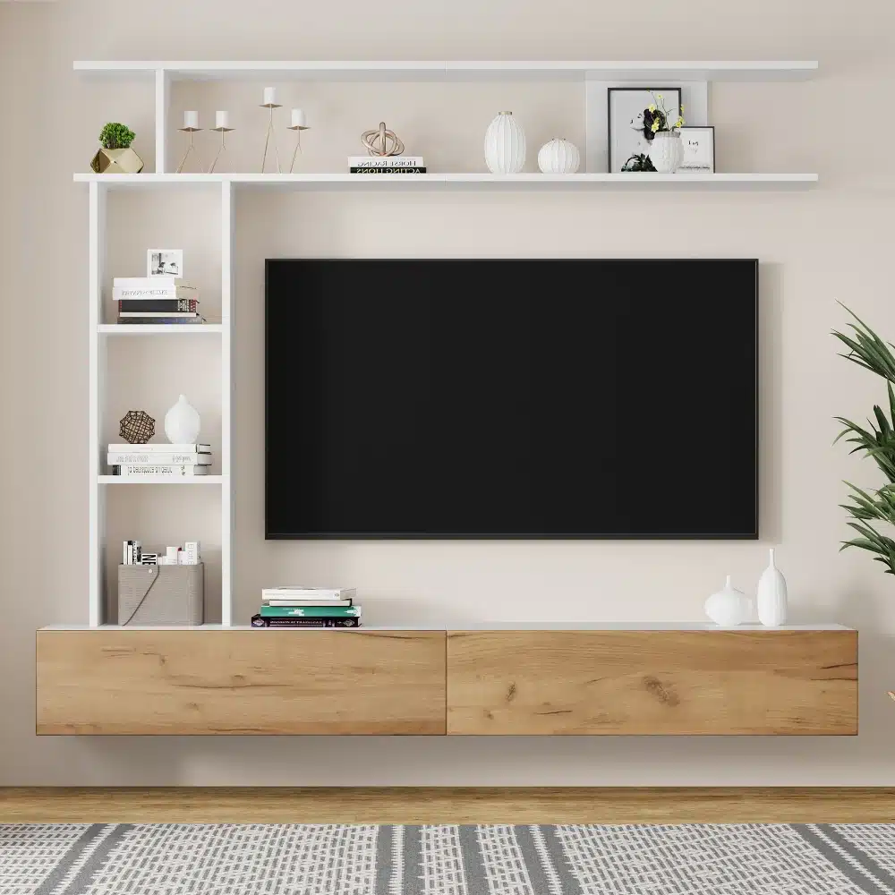 Tv-alus seinariiulitega modernses stiilis 180x35x22,5 cm, mis on valgusküllases elutoas, helepruunist puidust hoidik ning valged riiulid ja taustal neutraalne seinavärv.