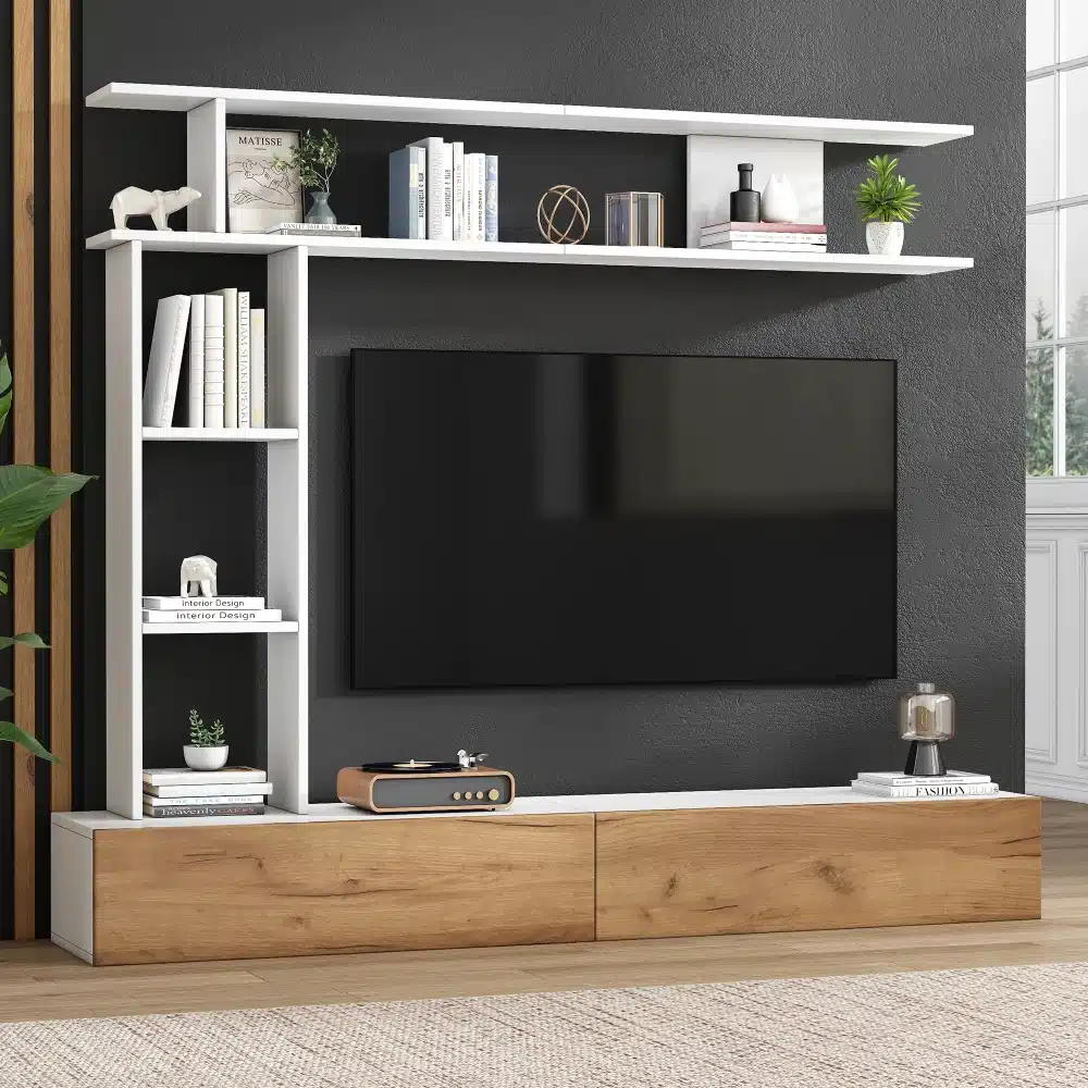 Modernne Tv-alus seinariiulitega, mille mõõtmed on 180x35x22,5 cm. Valge ja puidu kombinatsioon loob elegantse välimuse, millel on mitmed riiulid raamatute ja dekoratsioonide paigutamiseks.