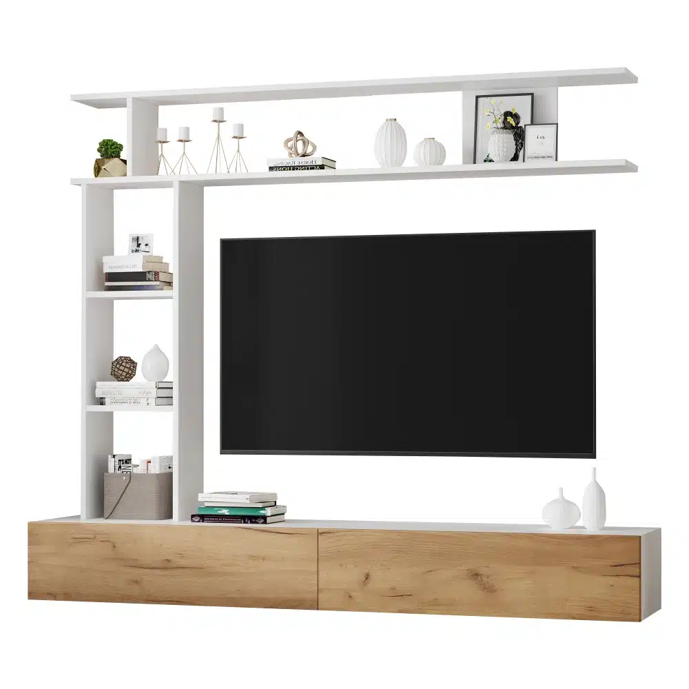 Valge ja puidutooniline tv-alus koos seinariiulitega modernses stiilis 180x35x22,5 cm, millel on avatud riiulid ja horisontaalselt asetatud kapp, sobib ideaalselt kaasaegsesse elutuppa.