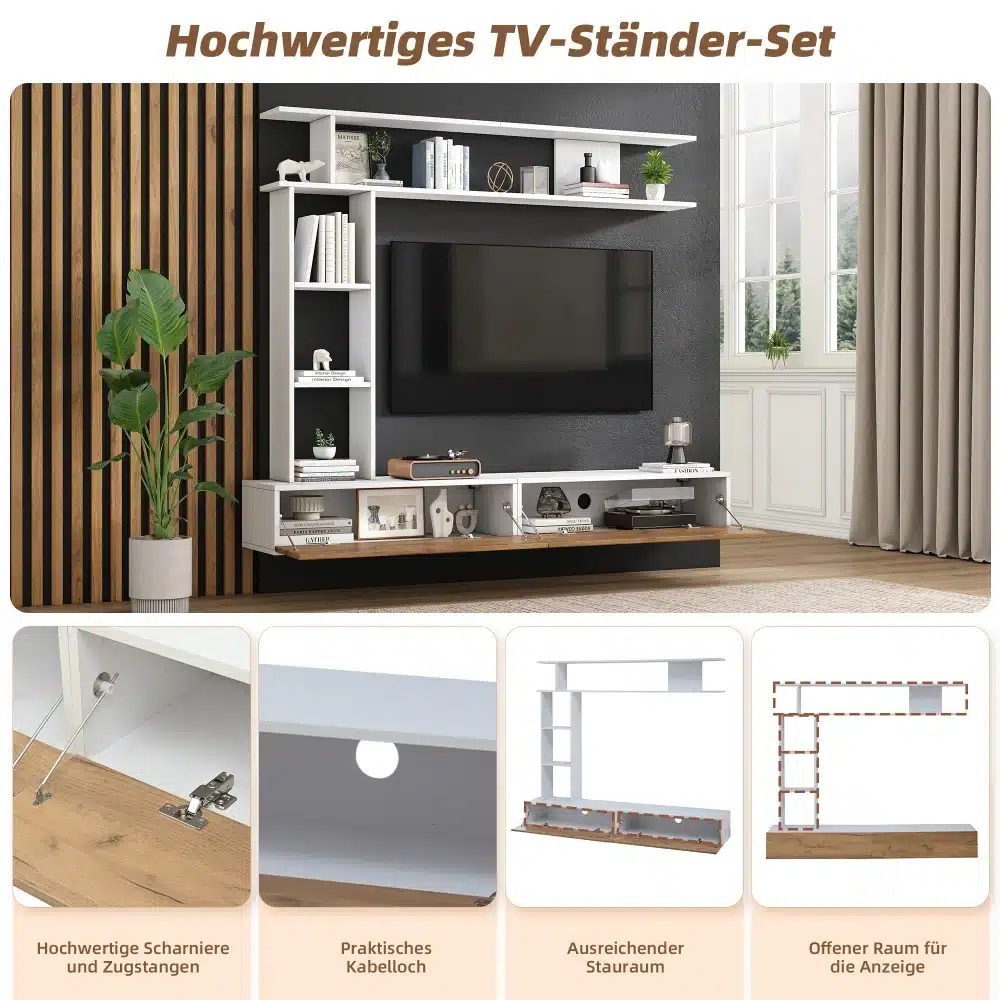 Tv-alus seinariiulitega modernses stiilis 180x35x22,5 cm, valget ja pähklit värvi kombinatsioonis. Mööbel asub avaras toas, kus tumedate puidust seinapaneelide vahelt paistab modernne sisekujundus. Riiulid sisaldavad dekoratiivseid esemeid ja taimi.