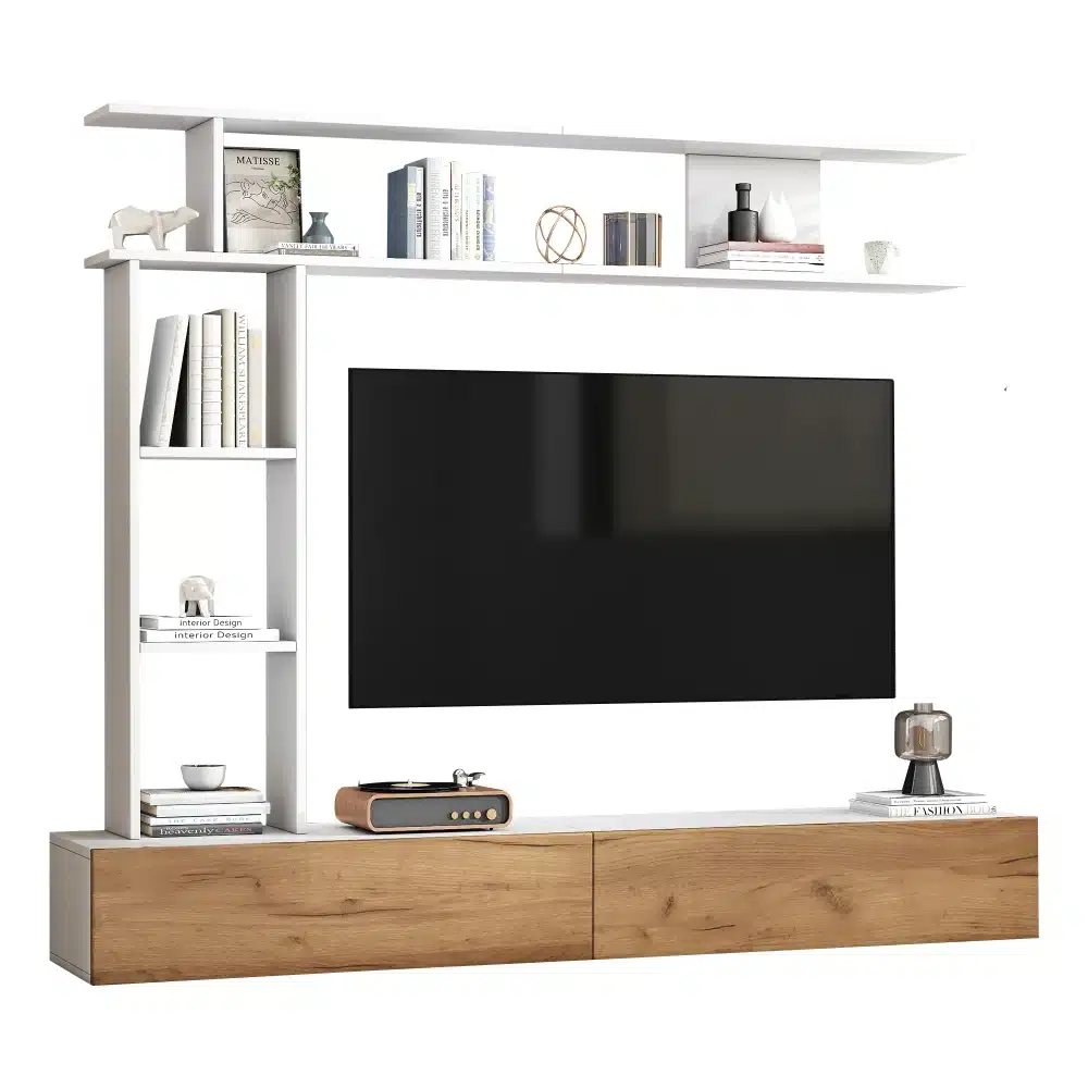 Tv-alus seinariiulitega modernses stiilis 180x35x22,5 cm, featuring minimalistlik valge ja puidu disain. Taustaks on puhas valge sein, riiulid on täidetud raamatute ja dekoratiivsete esemete, näiteks kujukeste ja küünaldega, mis lisavad kaasaegse ja elegantse ilme.