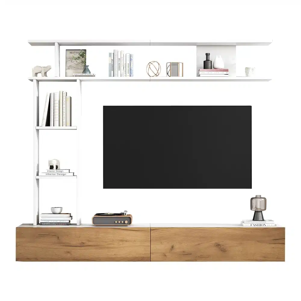 Valge ja puiduse tooniga Tv-alus seinariiulitega modernses stiilis 180x35x22,5 cm, millel on minimalistlikud ja puhtad jooned ning mitmetasandilised riiulid erinevate esemete hoidmiseks. Alust kaunistavad dekoratiivsed elemendid.