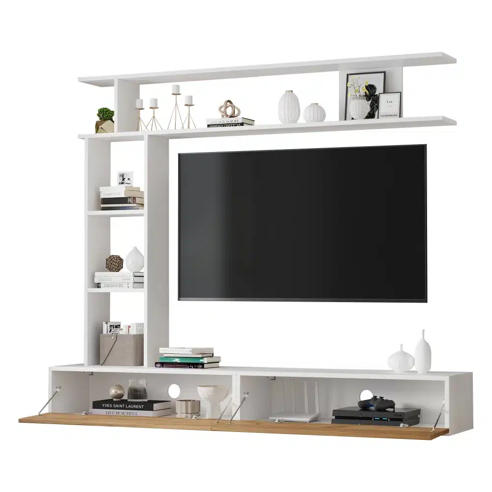 Valge modernses stiilis TV-alus seinariiulitega, mõõtudega 180x35x22,5 cm, millel on integreeritud ruumikad riiulid erinevate dekoratiivesemete ja raamatute hoidmiseks. Aluse juurde kuulub suur lameekraaniga televiisor, mis on ideaalne elutoamööbli täiendus.