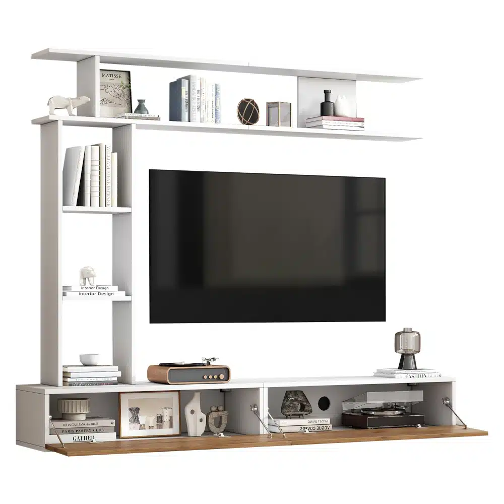 Tv-alus seinariiulitega modernses stiilis, mõõtmetega 180x35x22,5 cm, valge ja puittoonis. Riiulitel on raamatud ja dekoratiivesemed ning must teler keskmes, sobitades moodsa elutoa interjööriga.