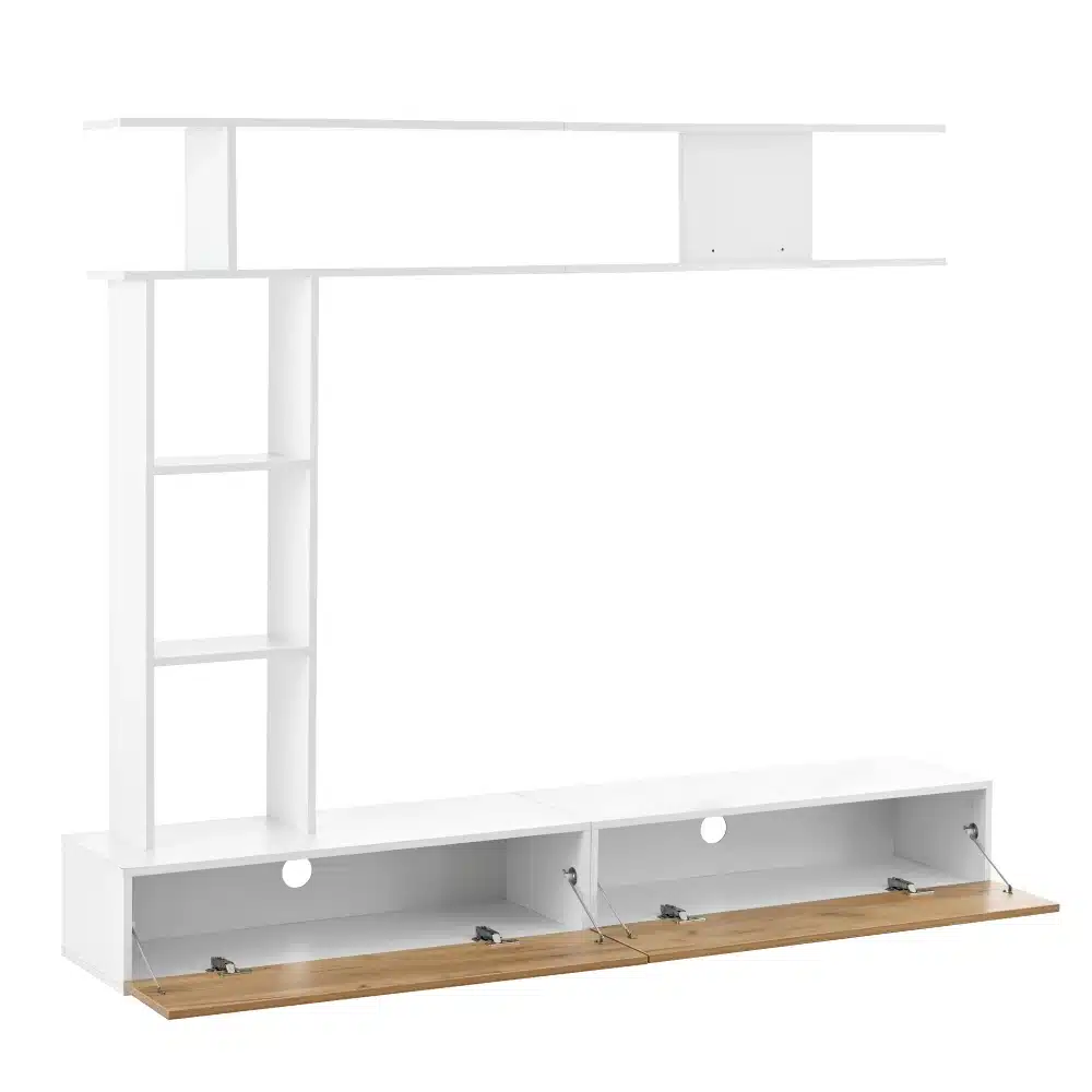 Valge ja puitviimistlusega Tv-alus seinariiulitega modernses stiilis 180x35x22,5 cm. Alusel on kaks avatud riiulit ja kaks kapiust, mis avanevad alla. Vasakul asetsevad kolm avatud riiuliosa, mis pakuvad täiendavat hoiukohta.