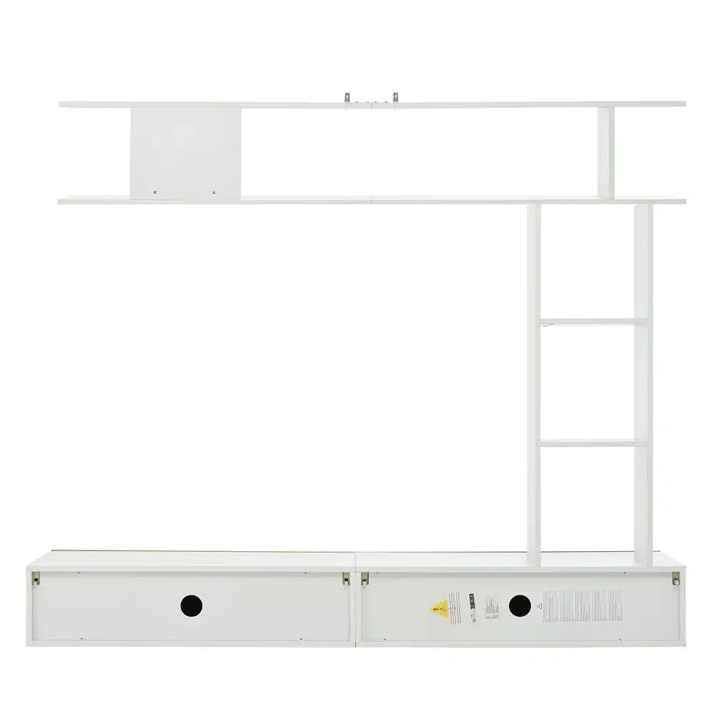 Valge Tv-alus seinariiulitega modernses stiilis, mõõtmetega 180x35x22,5 cm, minimalistliku disainiga elutoamööbel, sobib ideaalselt kaasaegsesse interjööri.