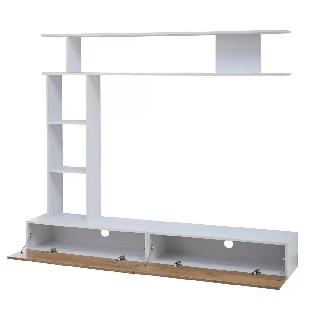 Tv-alus seinariiulitega modernses stiilis 180x35x22,5 cm, valmistatud valgest puidust elegantse kujundusega, sisaldades mitmeid avatud riiuleid ja kinniseid kappe, puidust aluse ja seinariiulite kombinatsiooniga.