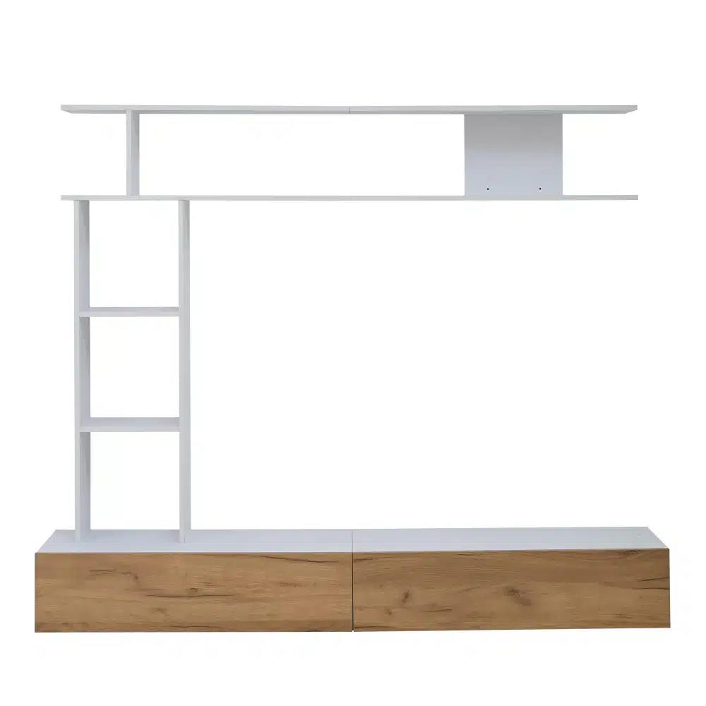 Modernse disainiga Tv-alus seinariiulitega, mõõtmetega 180x35x22,5 cm, valgest ja puidust materjalist, valgel taustal. Alusel on mitmeosaline riiulisüsteem, mis pakub palju panipaiku ja elegantset välimust.