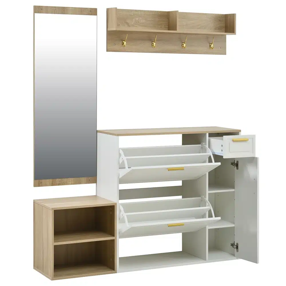 Esikukomplekt kingakapi, nagide ja peegliga sisaldab modernset valget kingakappi, puidust nagisid ja elegantset peeglit heleda taustal.