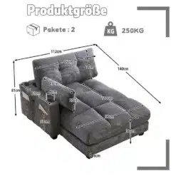 Luksuslik tugitool pehme polsterduse ja sisseehitatud küljetaskutega. Tool on halli värvi, triibulise mustriga, mõõtmetega 112x140x81 cm. Taustal on tootemõõdud ja kaal näidatud.