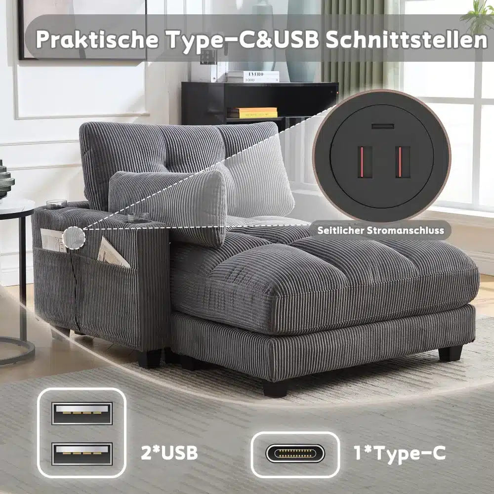 Hall luksuslik tugitool pehme polsterdusega ja sisseehitatud küljetaskutega, mille küljes Type-C ja USB ühendused. Tool asub avaras valge seinaga elutoas.
