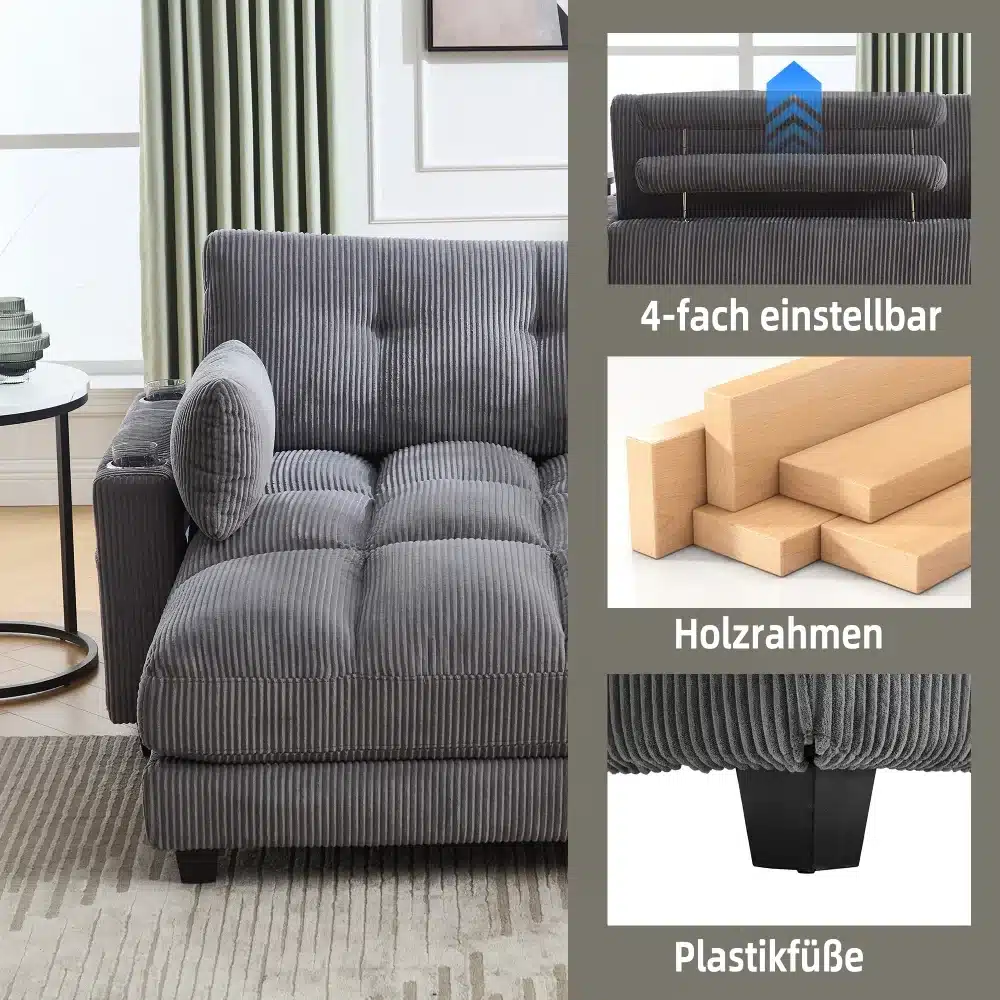 Stiilne hall luksuslik tugitool pehme polsterduse ja sisseehitatud küljetaskutega, milles on turvaline puidust raam ja vastupidavad plastikust jalad elutoas.