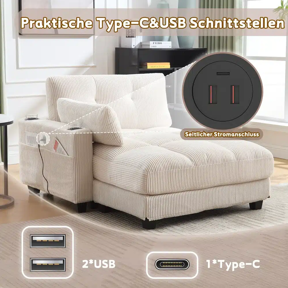 Beež luksuslik tugitool pehme polsterduse ja sisseehitatud küljetaskutega, Type-C ja USB pistikupesadega, asub kaasaegses elutoas.