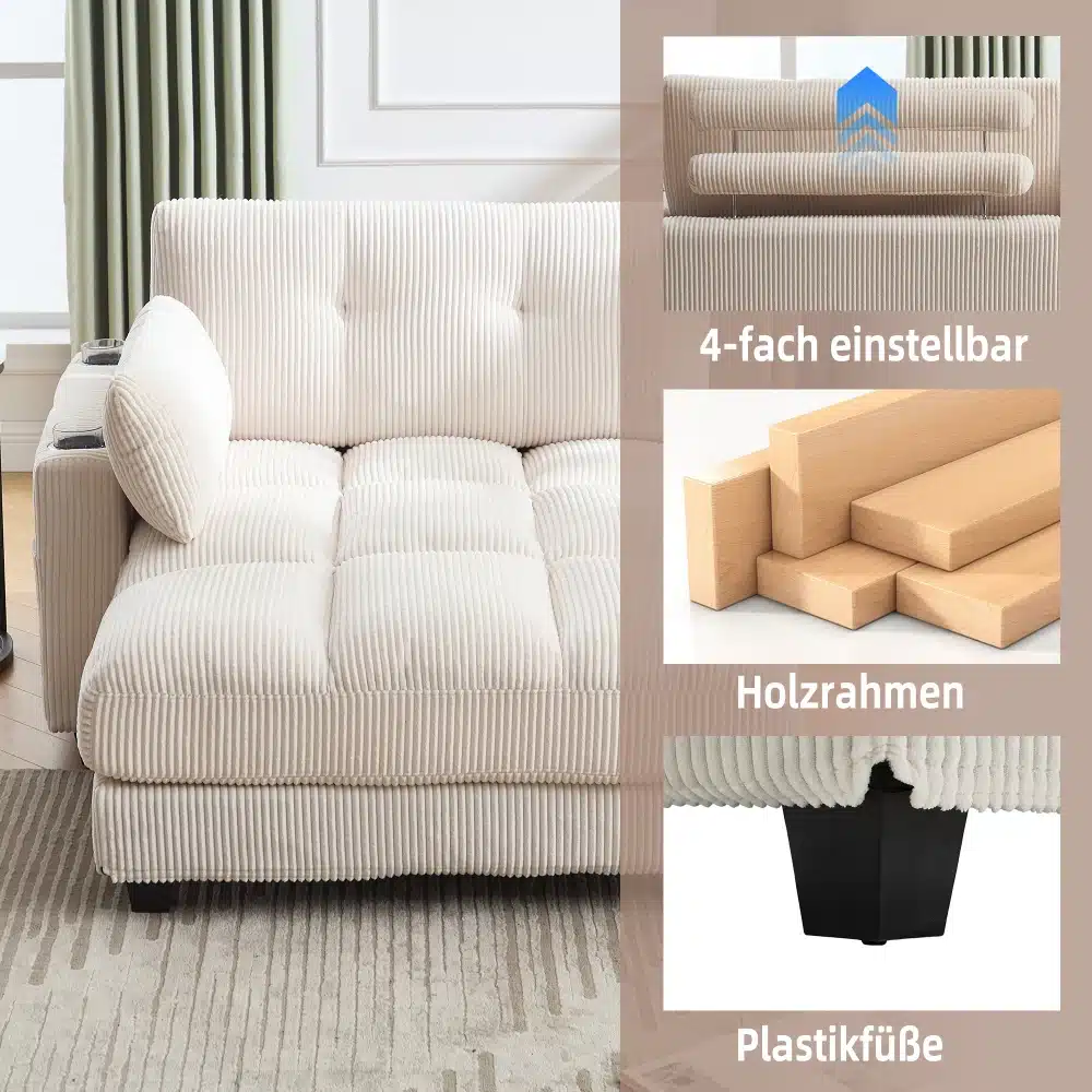 Luksuslik tugitool pehme polsterduse ja sisseehitatud küljetaskutega, kreemikas värv, ribadetailidega kangas, neljasuunaline kohandatav seljatugi, puidust raam, tume jalad, valgete seinte ja rohelise kardinaga taust.