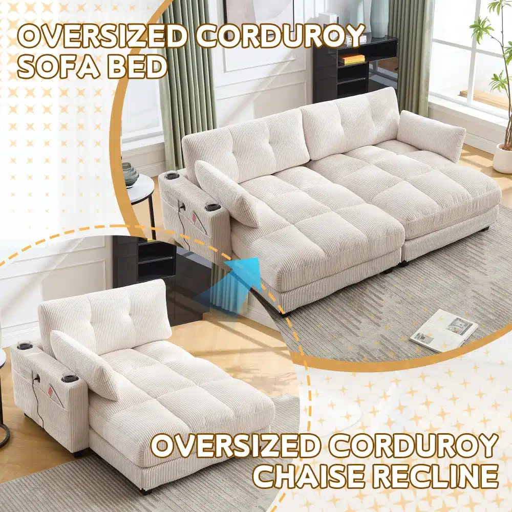 Luksuslik tugitool pehme polsterduse ja sisseehitatud küljetaskutega, hele beež tufted disainiga, asetatud elegantse elutoa interjööri roheliste kardinate ja pehme vaibaga.