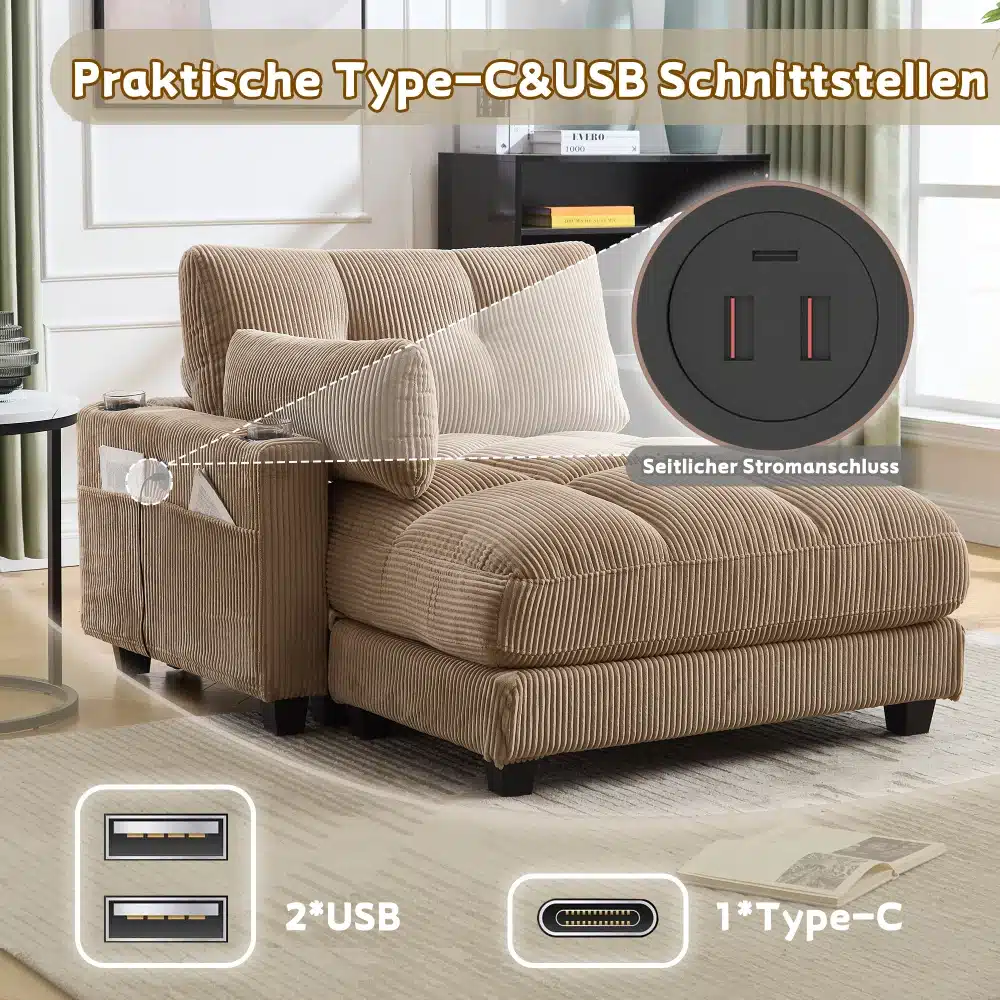 Luksuslik tugitool pehme polsterduse ja sisseehitatud küljetaskutega, beež sametist materjal ja metallist USB pesad moodsa elutoa interjööris.
