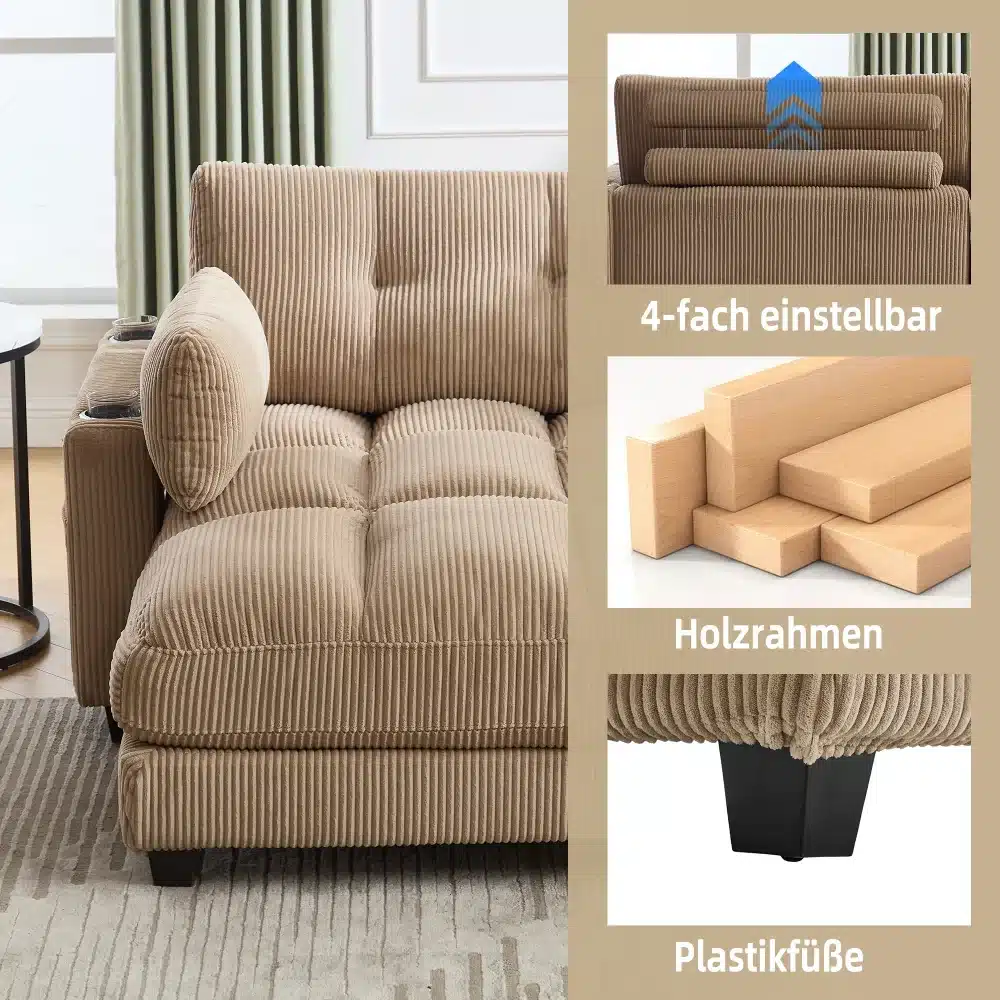 Pruun luksuslik tugitool pehme polsterduse, sisseehitatud küljetaskutega ning reguleeritava seljatoe ja puidust raami ning plastikjalgadega elutoas beeži vaiba ja roheliste kardinatega taustal.