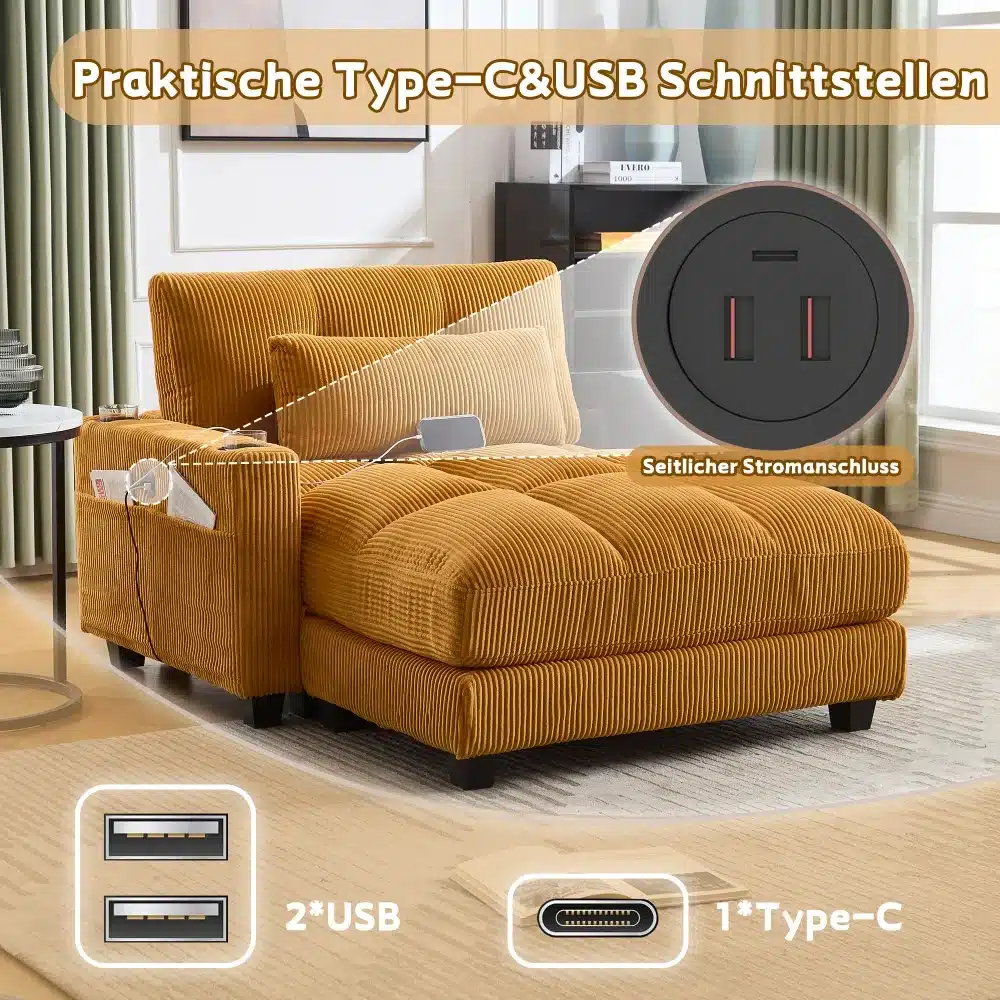 Luksuslik tugitool pehme kollase polsterdusega, sisseehitatud küljetaskud, USB ja type-C pistikud taustal sooja valgustusega elutoas.
