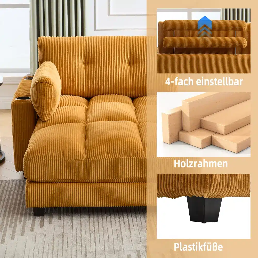 Luksuslik tugitool pehme kuldse polsterduse ja sisseehitatud küljetaskutega, mida ümbritseb soe tooni tuba. Tugitoolil on neli reguleeritavat asendit, puidust raam ja plastjalad, pakkudes mugavust ja vastupidavust.