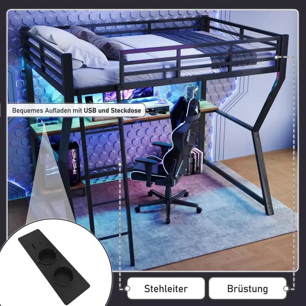 Lastetoa kõrge voodi koos sisseehitatud kirjutuslaua, led-valgustuse ja usb-laadijaga. Voodi on ühes nurgas paiknev, modernse disainiga ja selle all on ergonoomiline töötool. Taustal on sinine sein, mis lisab ruumile tehislikku heledust. Sisustus on musta ja halli värvikombinatsiooniga.