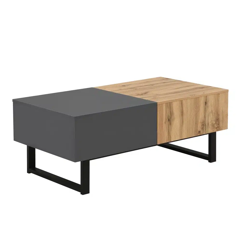 Puidust diivanilaud liugplaadiga ja peidetud panipaigaga, mis on esitatud musta raami ja naturaalse puidu viimistlusega minimalistlikul valgel taustal.