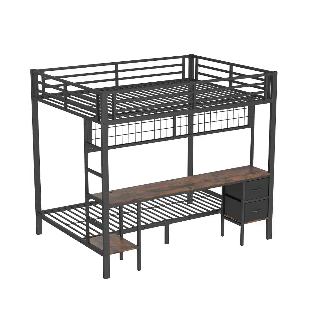 Laste narivoodi rauast raami, kirjutuslaua ja LED ribaga minimalistlik disain musta metallraami ja puidu imitatsiooniga tööpinnaga valgel taustal.