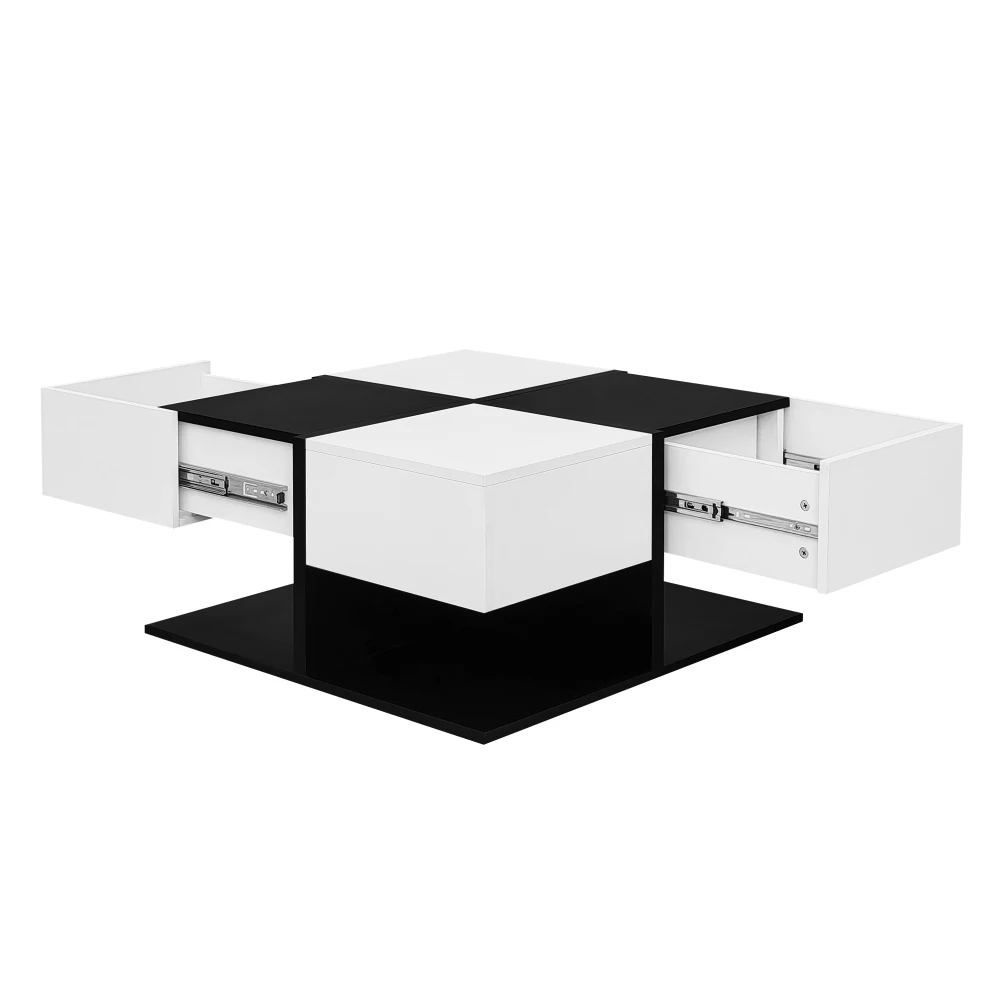 Stiilne diivanilaud must-valge kõrgläikega pinnaga ja kahe praktilise sahtliga, ideaalne elutoa keskpunkt, millel on moodne ning minimalistlik disain.