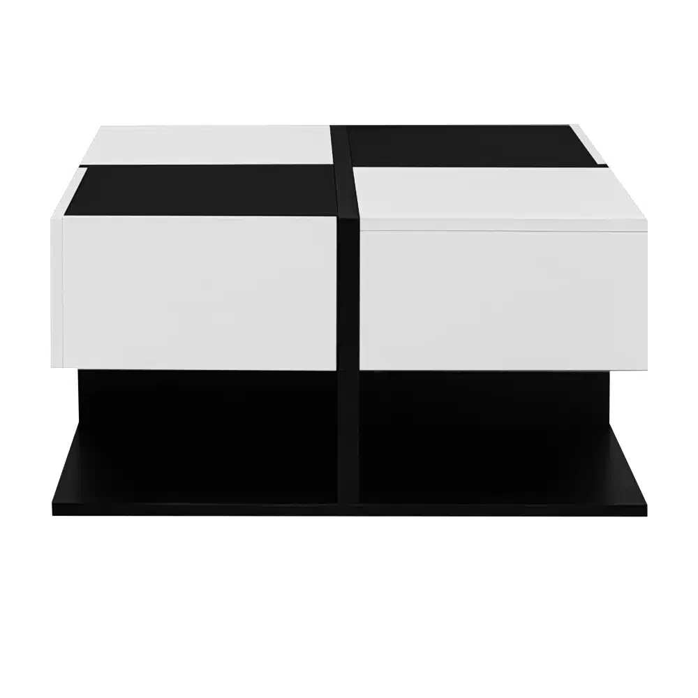 Diivanilaud kõrgläikega must-valge, kahe sahtliga, mustal ja valgel taustal geomeetrilise mustriga, modernne ja minimalistlik disain.