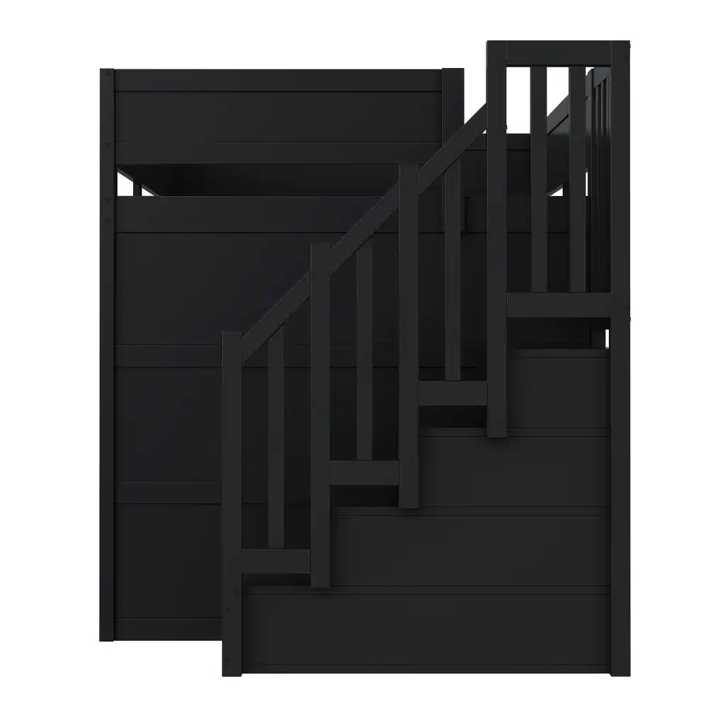 Must lastetoa kõrge voodi mõõtudega 140x200, integreeritud laud ja LED-valgustus. Voodi kõrval on stabiilne trepp, viies turvaliselt ülemisele magamiskohale.