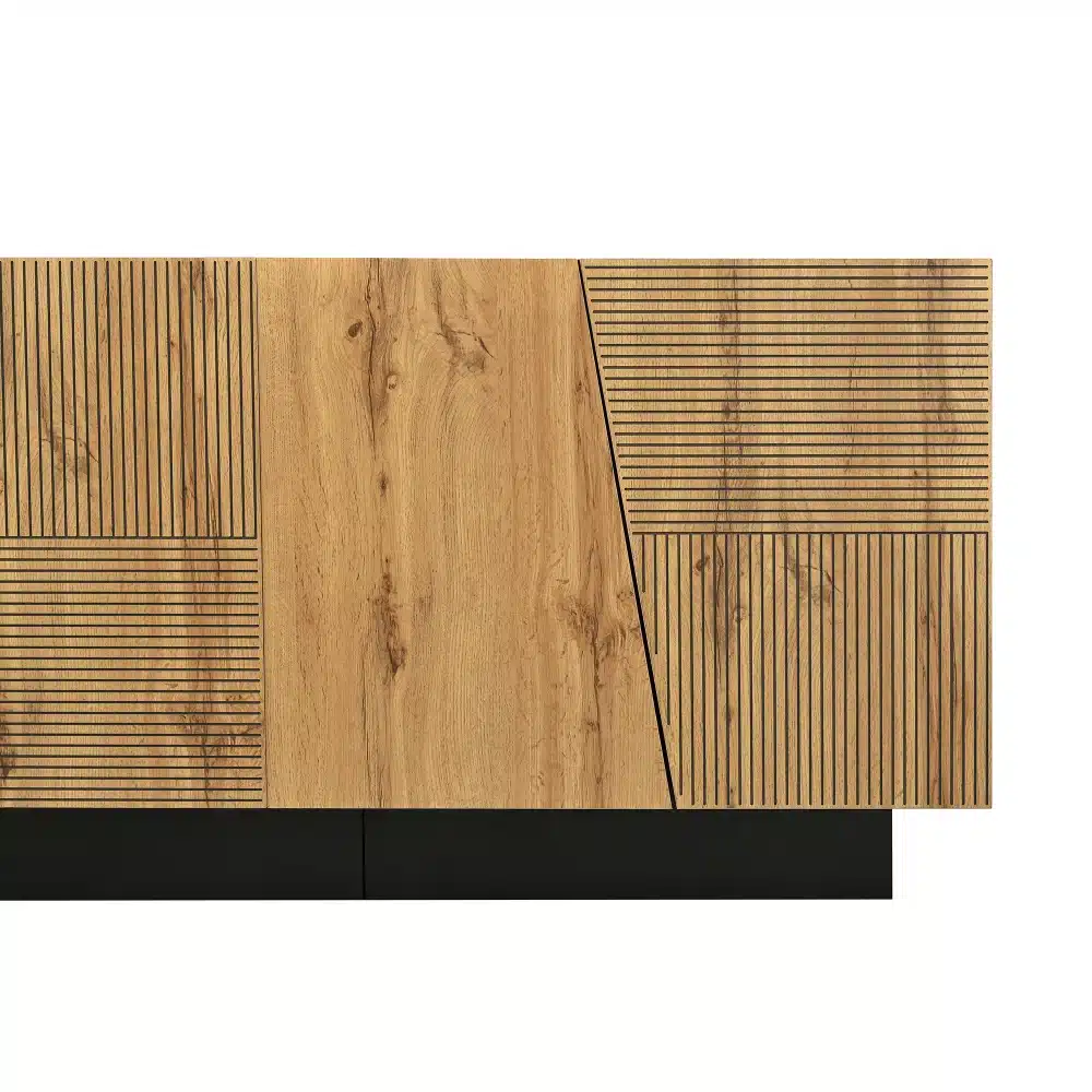 Elegantne elutoa kummut 160 cm, kahvatukollane puidul, mustade geomeetriliste mustrite ja suure panipaigaga, minimalistlikul taustal.