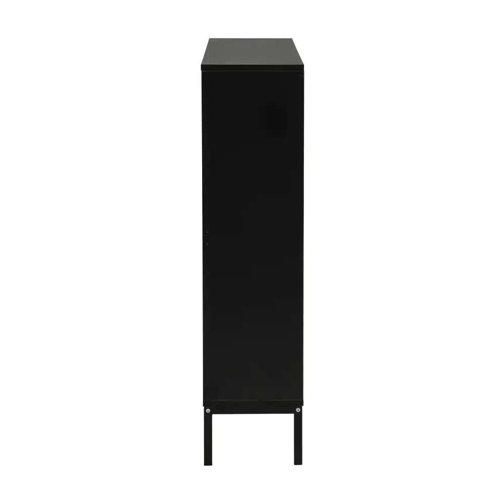 Must külgvaade kingakapp kolme klapiga ja avatud riiuliga, minimalistlik metallkonstruktsioon esikusse.