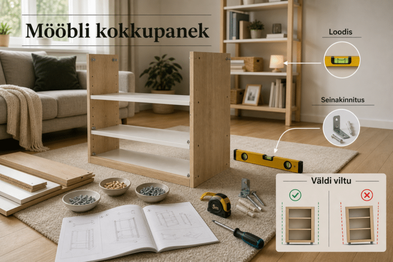 Mööbli kokkupanek - Kuidas panna mööblit kokku | E-pood Tootemaailm Pooleldi kokku pandud kapp koduses elutoas koos tööriistade ja juhendiga