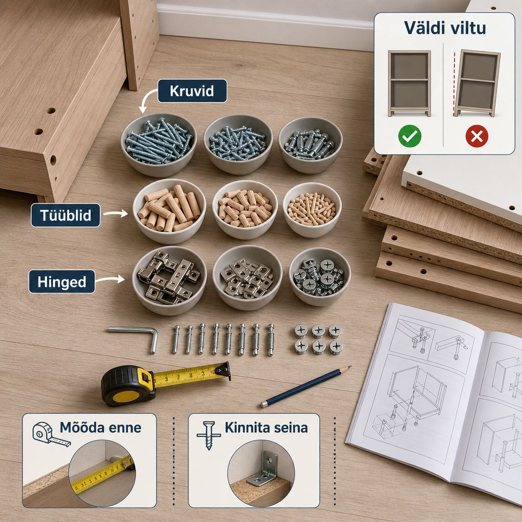 Kruvid, tüüblid ja mööblijupid sorteerituna enne kokkupanekut