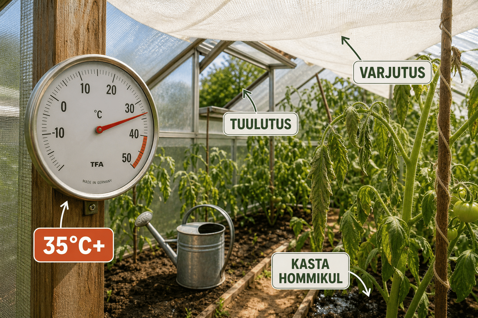 Kasvuhoone termomeeter ja varjutus kuumal päeval