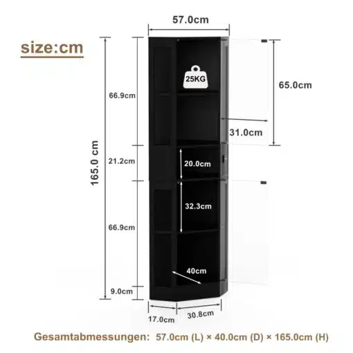 Vitriinkapp LED valgustusega ja tolmukindlate ustega mustas viimistluses. Kapp on mõõtmetega 57 cm lai, 40 cm sügav ja 165 cm kõrge, varustatud läbipaistvate uste ja kolmel tasandil riiulitega, mis mahutavad kuni 25 kg.