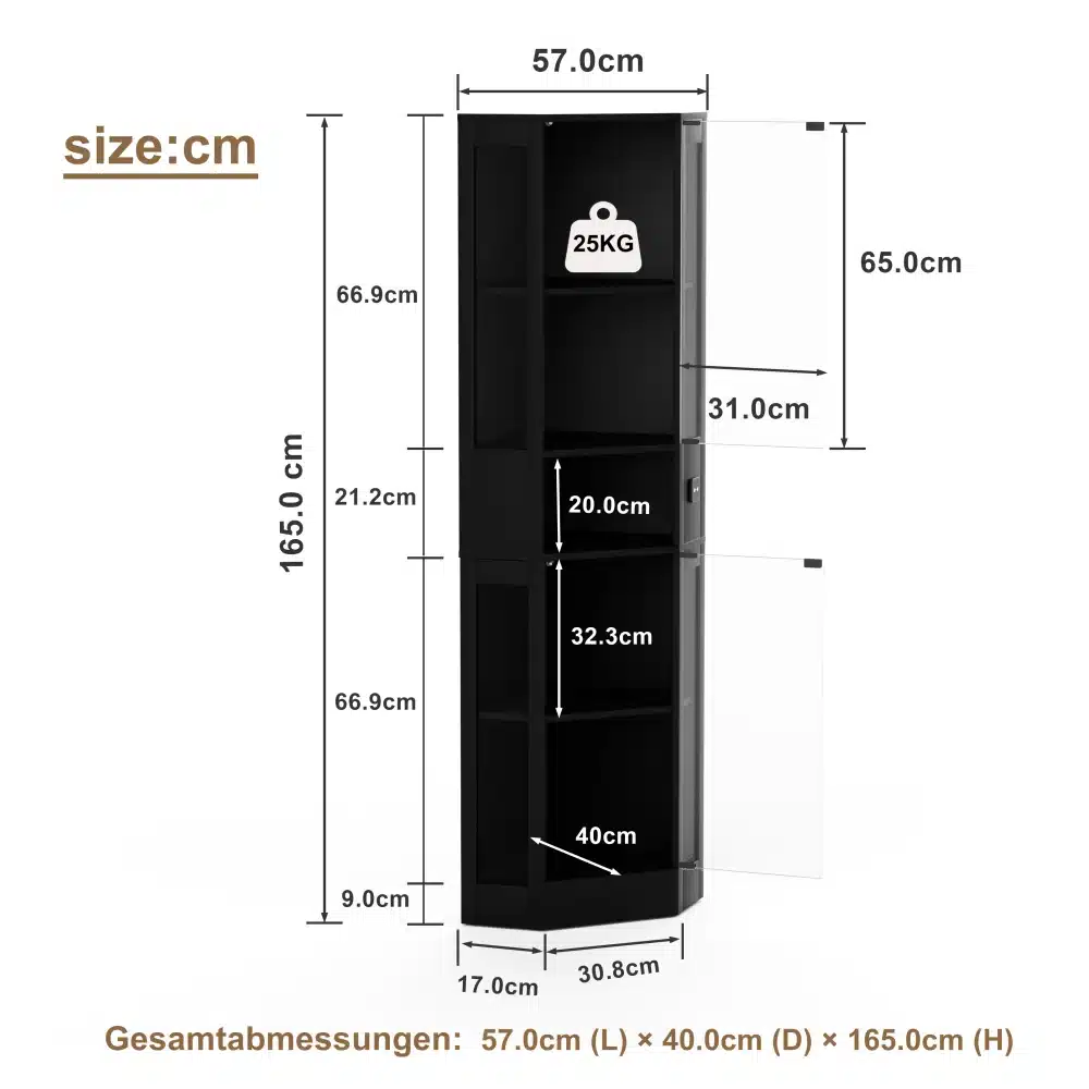 Must, kõrgete mõõtmetega vitriinkapp LED valgustusega ja tolmukindlate ustega. Kapi kõrgus on 165 cm, laius 57 cm ja sügavus 40 cm, koos erinevate riiulitega, millel on kandekaal kuni 25 kg.