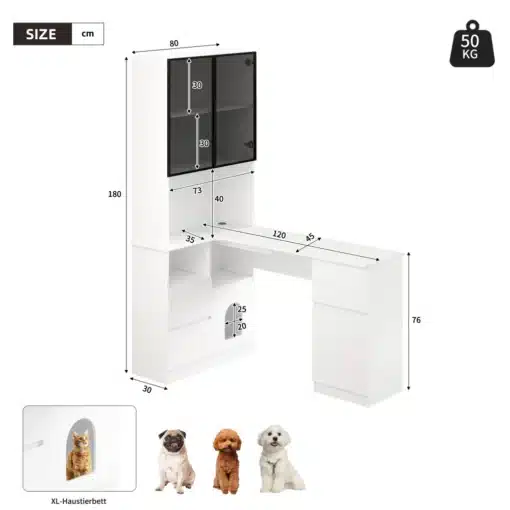 Diagrammi mõõtmetega valge nurgakujuline kirjutuslaud LED-valgustusega ja kolme sahtliga, millel on lisaks sisseehitatud lemmikloomade pesa. Taust on valge ja laua maksimaalne kandevõime on 50 kg.