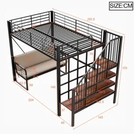 Narivoodi metallraamiga 140x200 cm panipaiga ja turvatrepiga | E-pood Tootemaailm Narivoodi metallraamiga, mõõdud 140x200 cm, sisaldab avarat panipaika ja turvatreppi. Musta värvi raam ja puidust astmed. Minimalistlik ja praktiline disain.