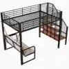 Narivoodi metallraamiga 140x200 cm panipaiga ja turvatrepiga | E-pood Tootemaailm Must metallraamiga loft-voodi trepi, riiulite ja all rippuva diivaniga